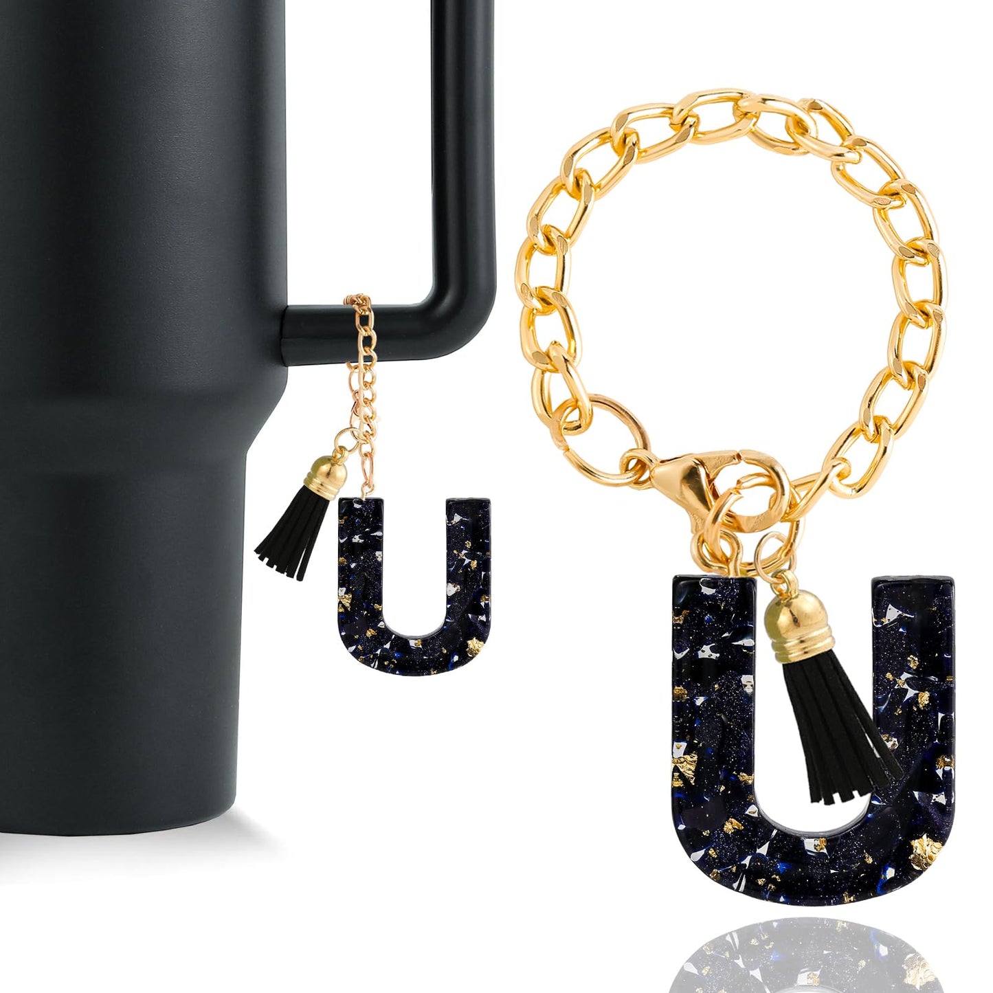 Letter Charm Accessories for Stanley Cup 1 PCS Cute Initial Keychain Handle Charm for Stanley Tumbler for Women Black Letter U