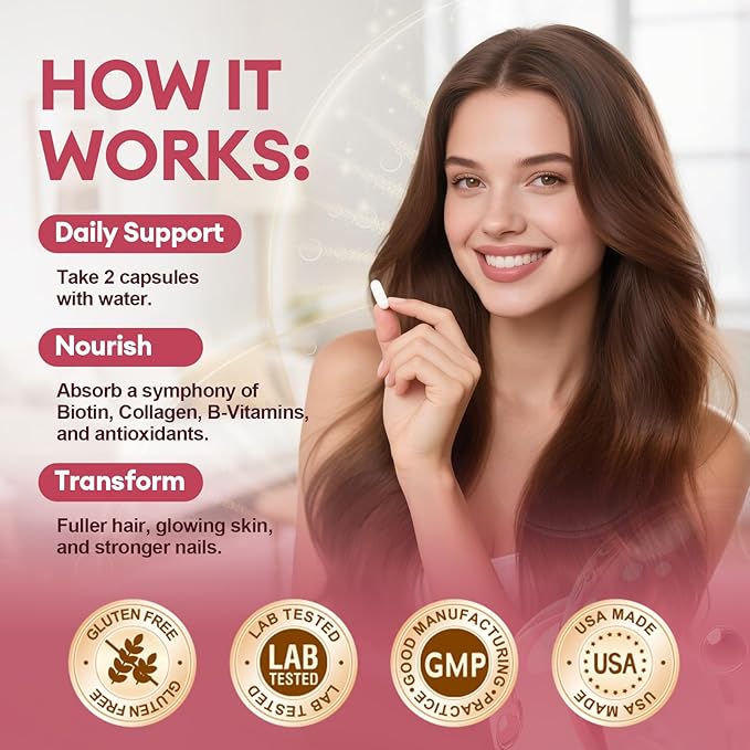 Hair, Skin & Nails Supplement - 25-in-1 Formula with Biotin 10,000mcg, Collagen, Vitamin B, C, D3, E, Folate, Iron - Supports Hair Growth, Skin Health, Nail Strength for Women - 120 Capsules