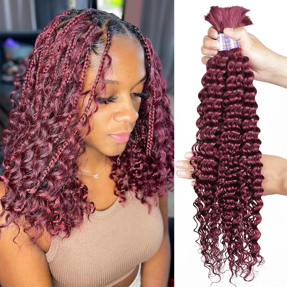 Human Braiding Hair 2 Bundles/Pack 100g Burgundy 99J Curly Deep Wave Human Bulk Hair for Braiding No Weft 10A Brazilian Virgin Human braiding Hair 99J (Burgundy 99J, 14 inch/100g)