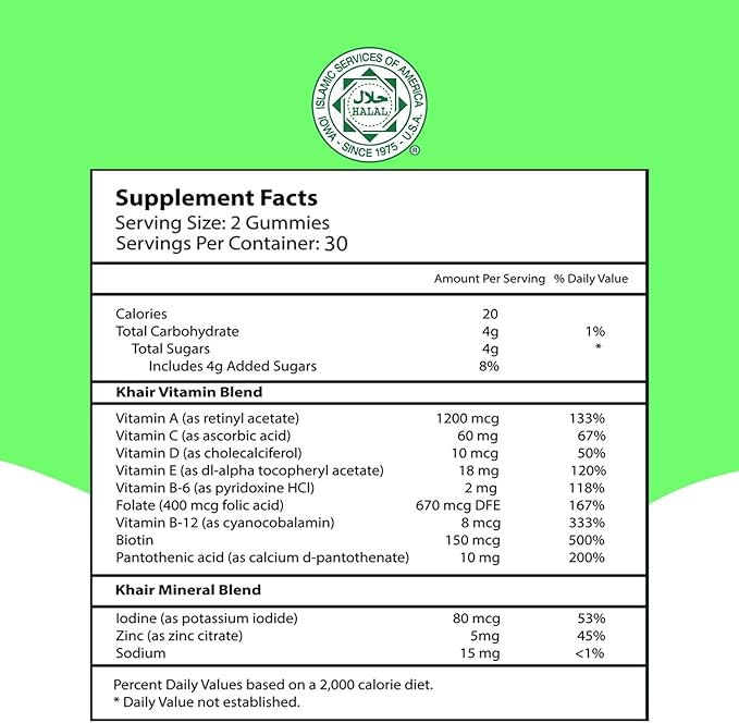 Khair Halal Adult Multivitamins Gummy - Vegan, Non-GMO - Gluten Free, Gelatin Free - Essential Vitamins: Vitamin A E C D B12 & Vitamin B6 Halal Vitamins - 60 Gummies