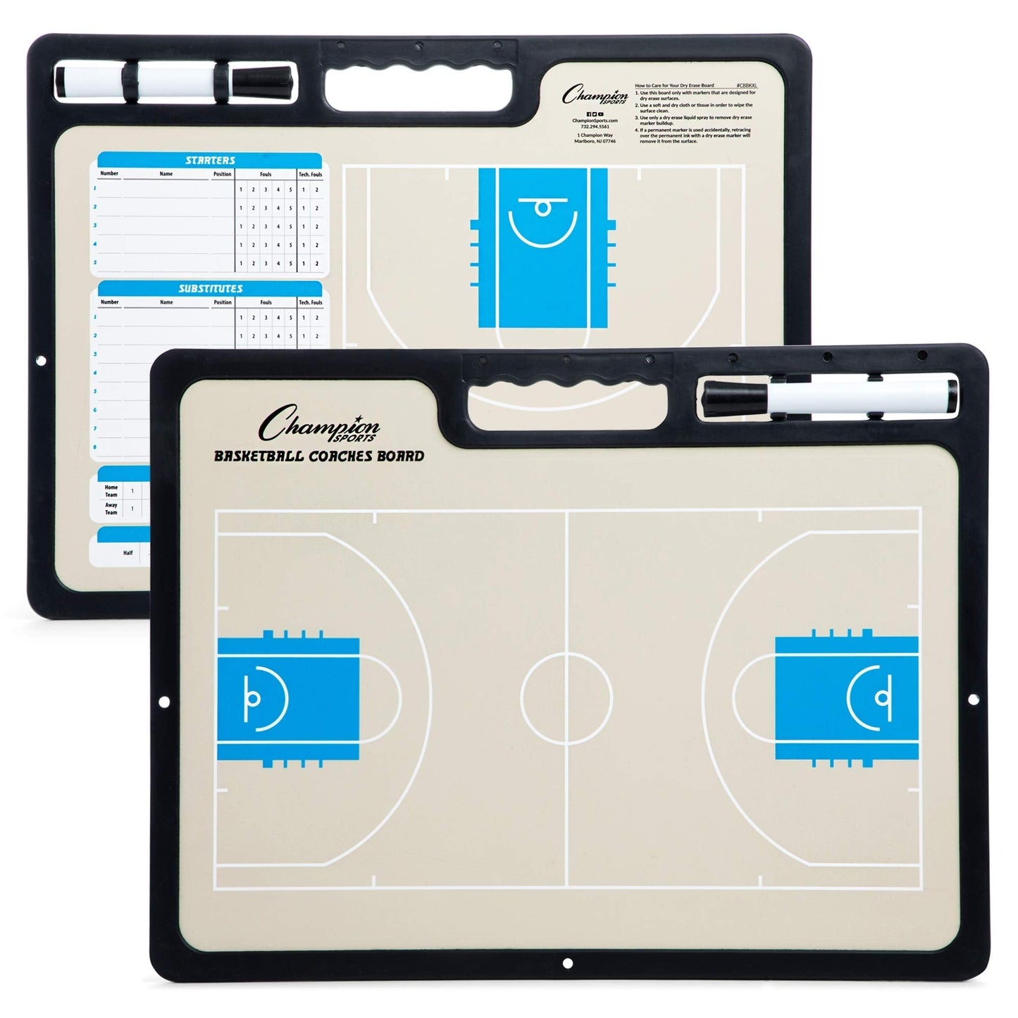 Champion Sports XL Dry Erase Board for Coaching Basketball - Whiteboards for Strategizing, Techniques, Plays - 2-Sided Game Boards with Handle - Front Side Full Court - Backside Half Court and Lineup