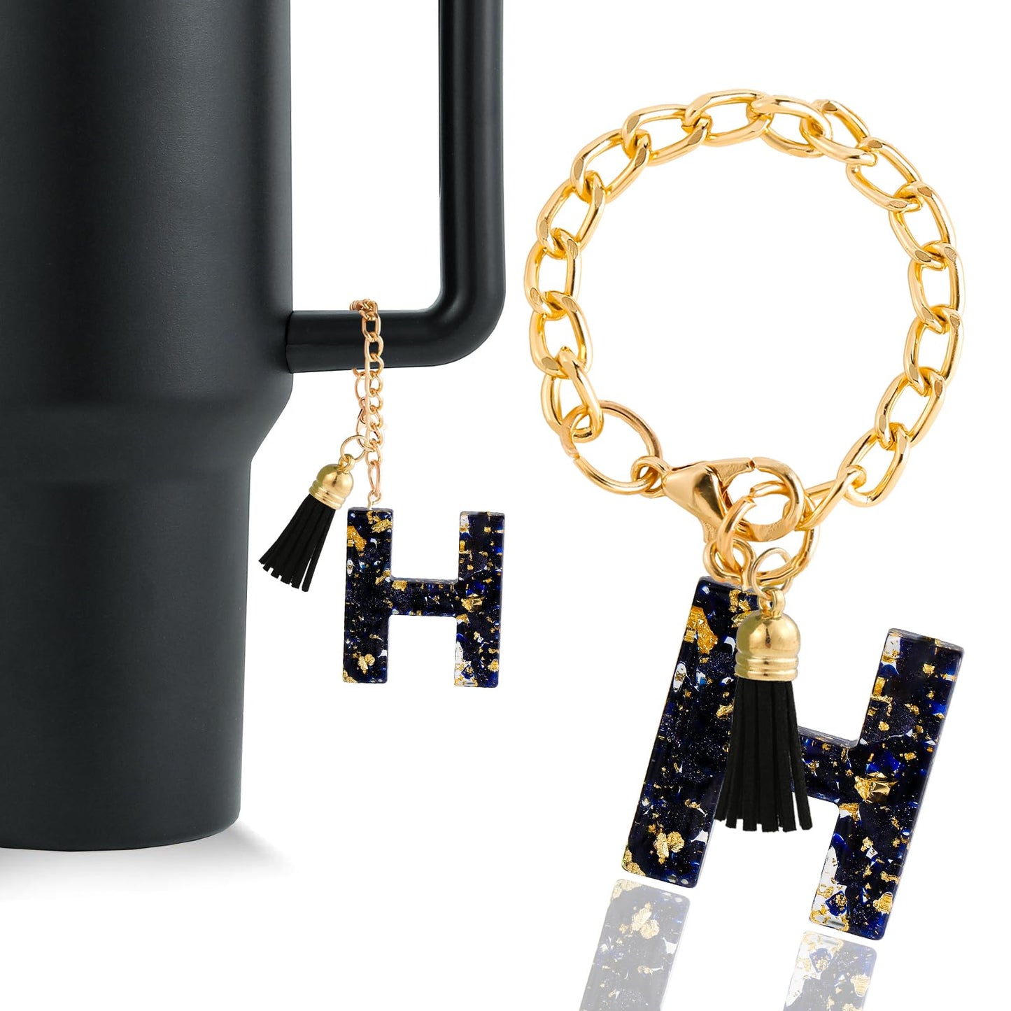 Letter Charm Accessories for Stanley Cup 1 PCS Cute Initial Keychain Handle Charm for Stanley Tumbler for Women Black Letter H
