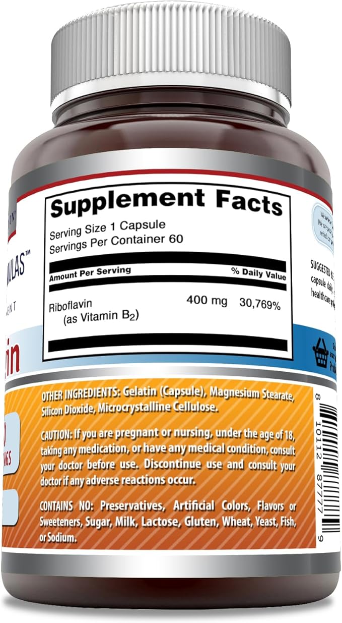 Amazing Formulas Riboflavin 400 mg Capsules | Vitamin B2 Supplement | Non-GMO | Gluten Free | Made in USA (60 Count)