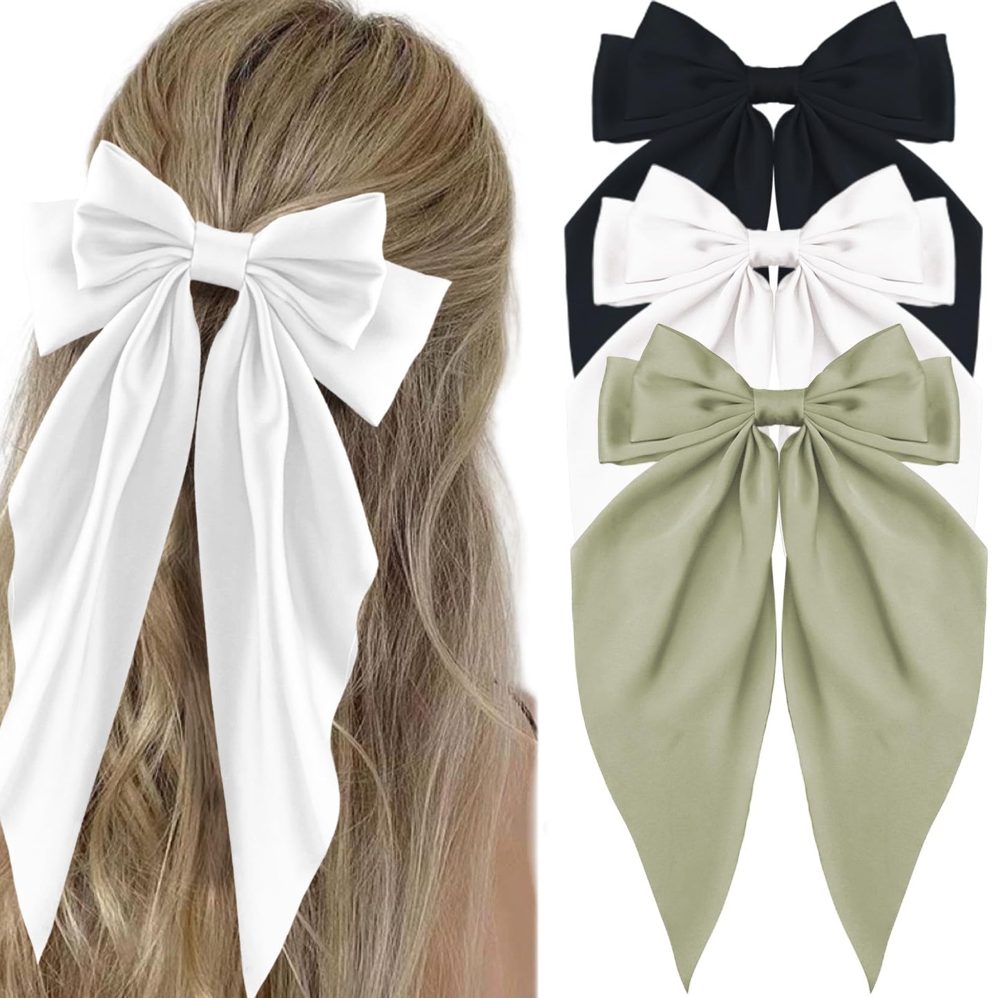 Canitor Hair Bows for Women Silky Satin Hair Ribbon with Hair Barrettes Clip Large Coquette Bows Preppy Teen Girl Gifts Trendy Stuff Green Cute Hair Accessories for Halloween Party Wedding