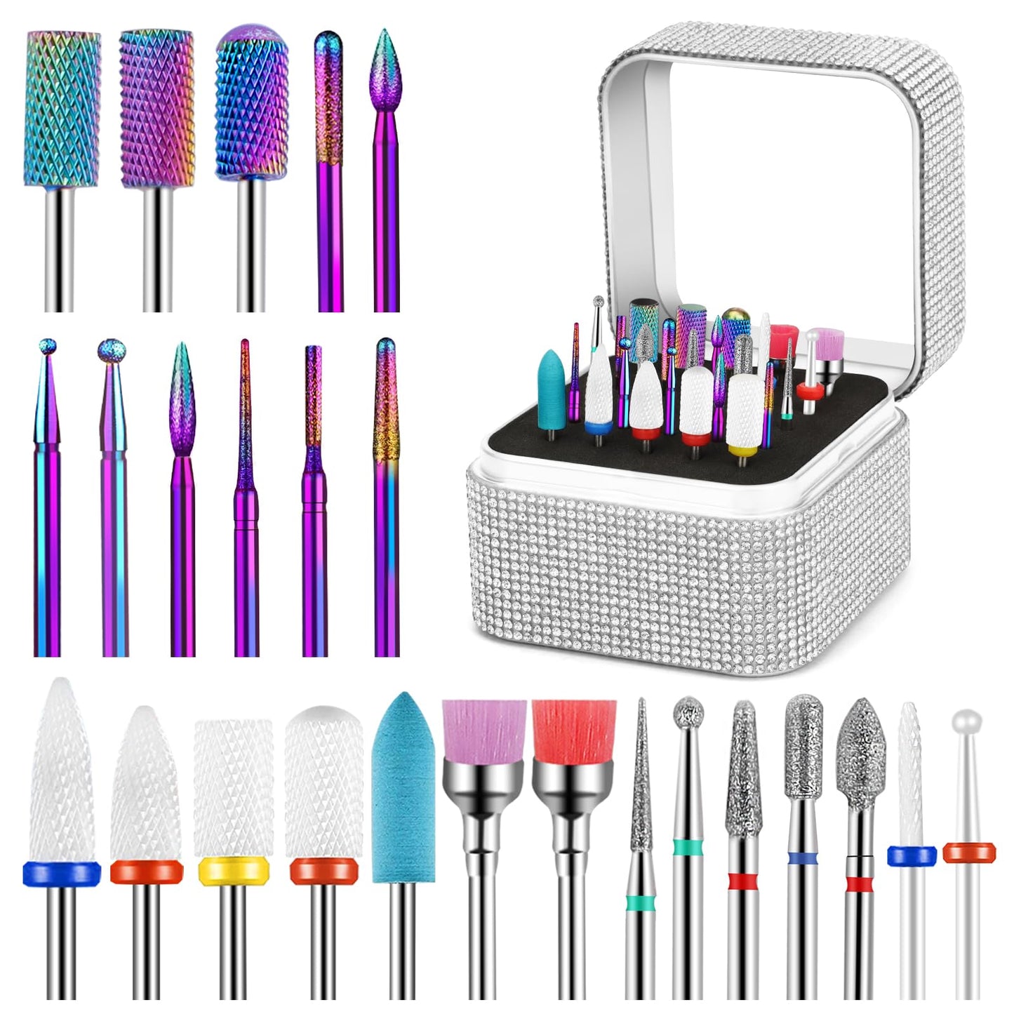 Cellentool 25Pcs Nail Drill Bits Set with Storage Box, 3/32 Inch Tungsten Ceramic Diamond Carbide Nail Drill Bits for Acrylic Gel Polish, Cuticle Efile Remover for Manicure Pedicure