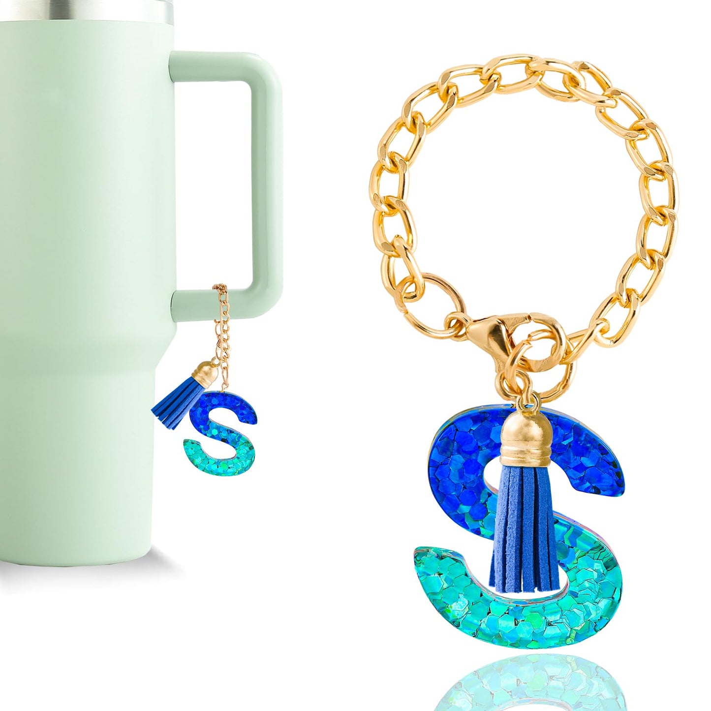 Letter Charm Accessories for Stanley Cup 1 PCS Cute Initial Keychain Handle Charm for Stanley Tumbler for Women Blue Letter S