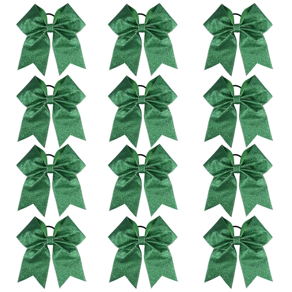 DEEKA 12 PCS 7" Large Glitter Cheer Bows Shiny Cheer Hair Bows Ponytail Holder Handmade for Cheerleader Girls Softball Sports -Green