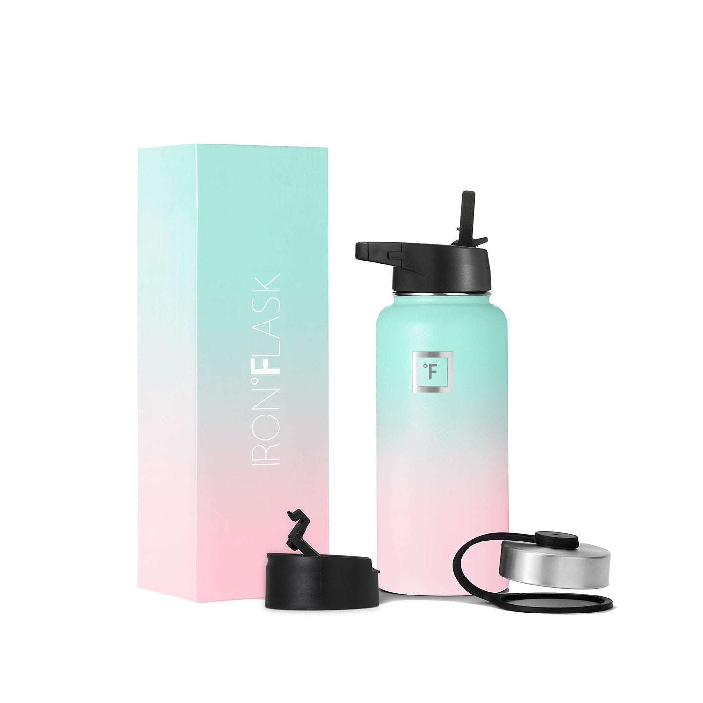 IRON °FLASK Camping & Hiking Hydration Flask, Wide Mouth, 3 Straw Lids, Stainless Steel Outdoor Water Bottle, Double Walled, Insulated Thermos, Metal Canteen - Bubble Gum, 32 Oz