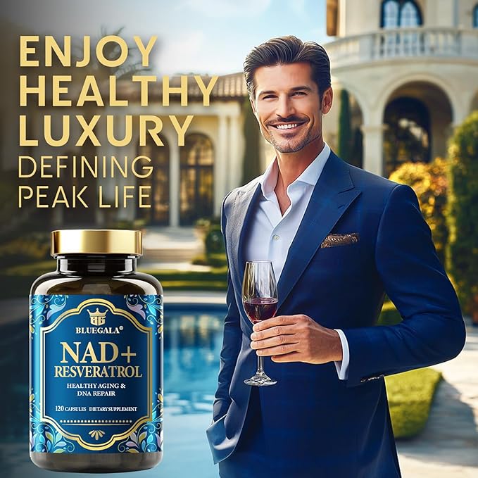 BLUEGALA NAD+ Supplement 1500mg, with 99% Pure Resveratrol 250mg and Vitamin B3 150mg, Boosts Cellular Energy, Supports Healthy Aging & DNA Repair, Non-GMO, Vegan, 120 Capsules
