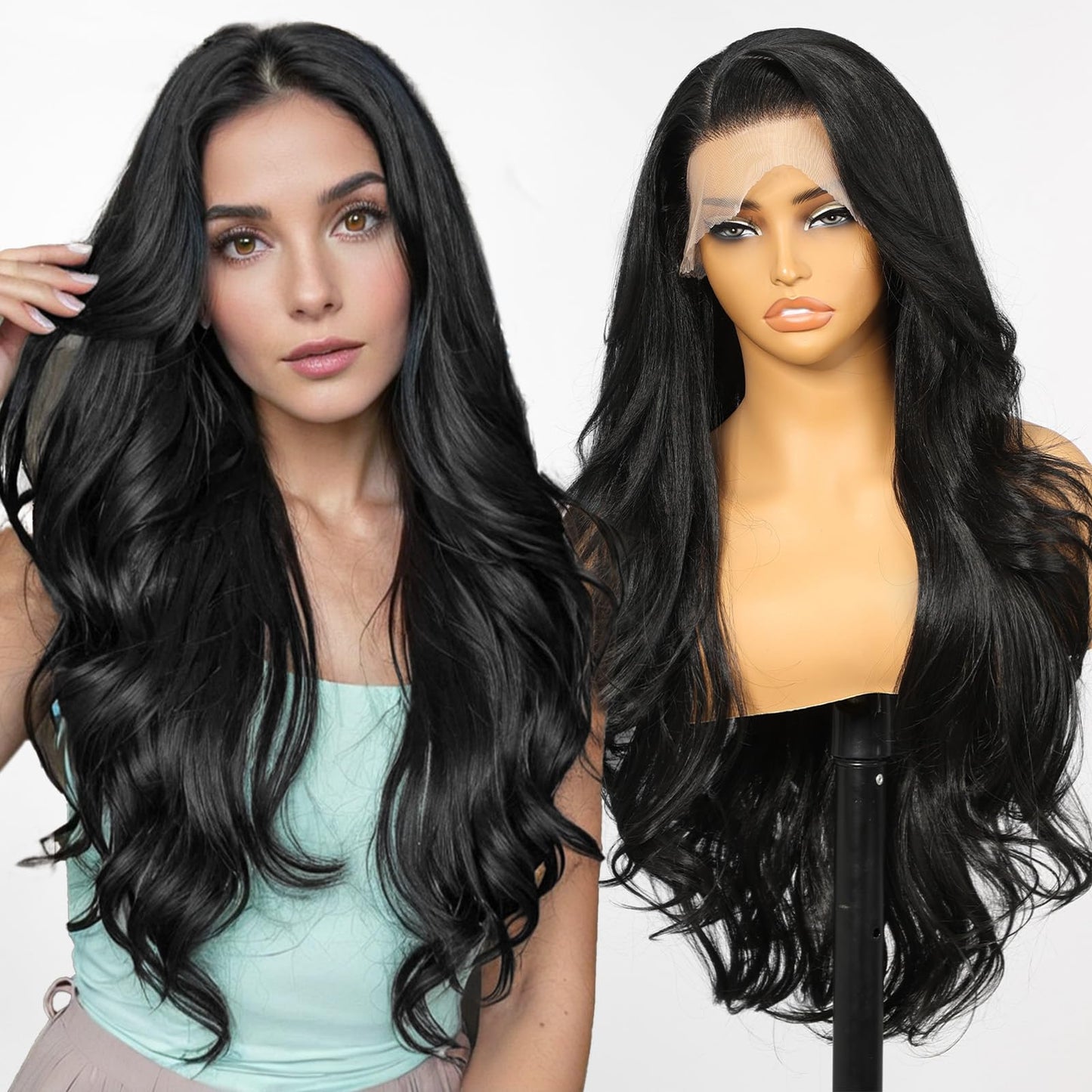 KOME Black Synthetic Lace Front Wig,13×6 Body Wave Pre Plucked HD Glueless Wig for Women Natural Daily Use 28IN