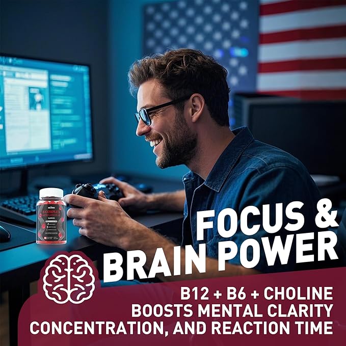 Brain & Mood Support Gummies, Super Vitamin B Complex for Men & Women, All B Vitamin B1 B2 B3 B5 B6 B7 B9 MethyB12 Multivitamin with PABA, Inositol, Choline, Supports MTHFR Gene & Energy, Vegan, 120Ct