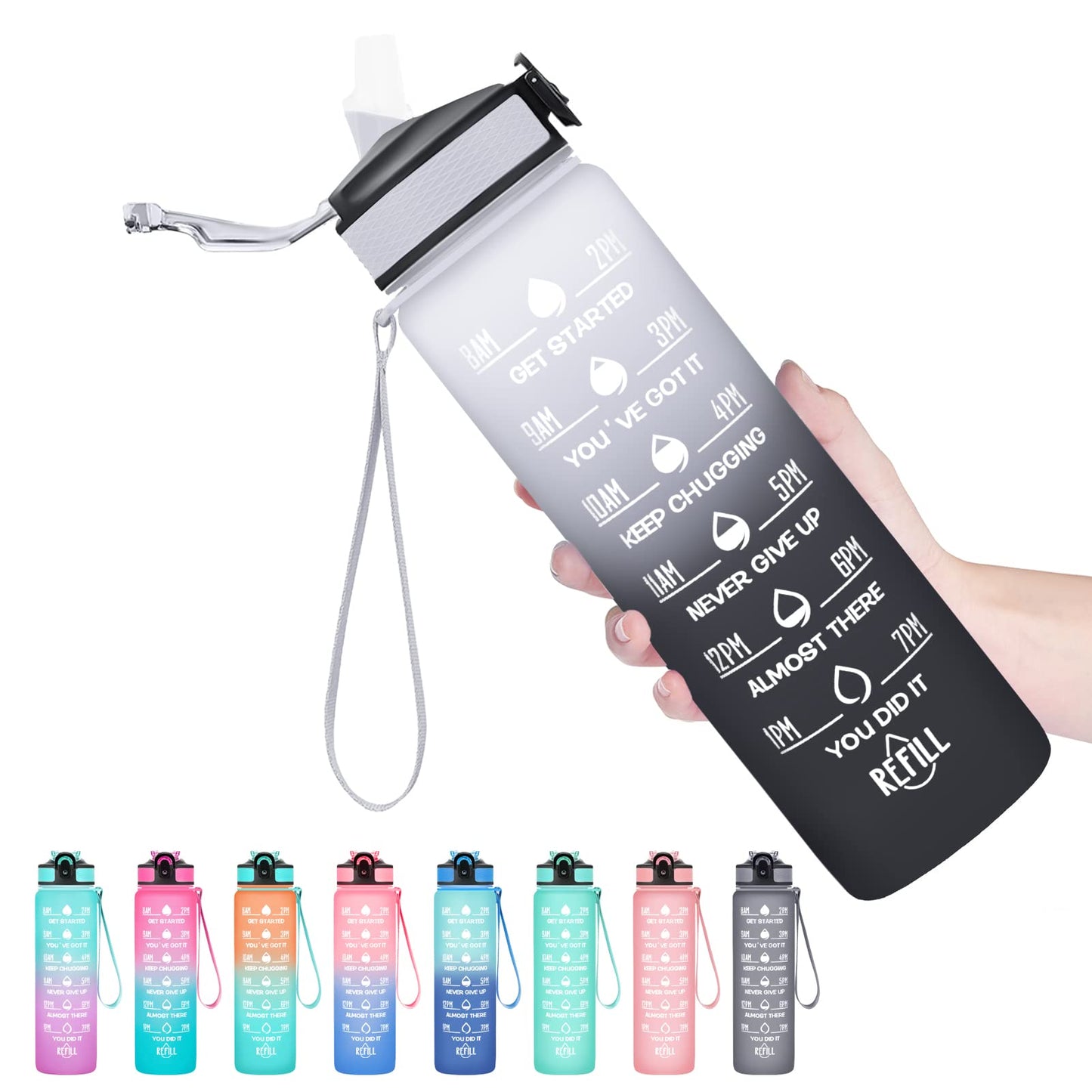 Hyeta 32 oz Water Bottles with Times to Drink and Straw, Motivational Water Bottle with Time Marker, Leakproof, Drinking Sports Water Bottle for Fitness, Gym and Outdoor