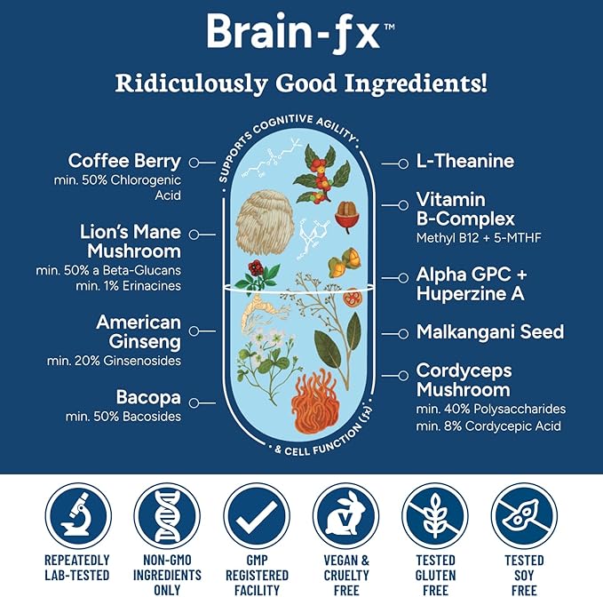 Brain-fxโข Nootropic Brain Energy Memory & Focus Supplement, Lions Mane Extract, L Theanine, Methyl B12 5MTHF B Complex, Alpha GPC Choline, Bacopa Monnieri, Ginseng, Cordyceps, Huperzine A BDNF Factor
