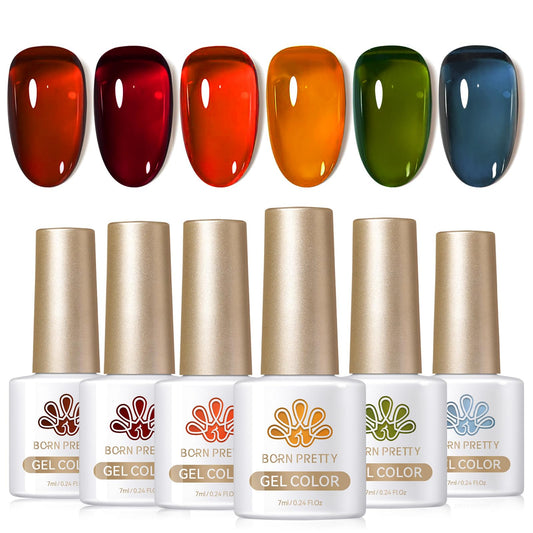 Born Pretty Jelly Gel Nail Polish, Sheer Transparent Crystal Gel Nail Polish, Christmas Brown Red Orange Green Blue Fall Winter Soak off Nail Polish Manicure DIY Home Salon Christmas Gift 7ml 6colors