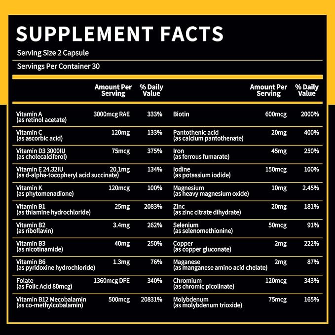 BN Caps - Multivitamin Capsule with 22 Essential Nutrients: Vitamins A, B-6, B-12, C, D3, E, K, Biotin, Iron & Zinc, Supports Men & Women Overall Health, 60 Capsules, 60 Days Supply