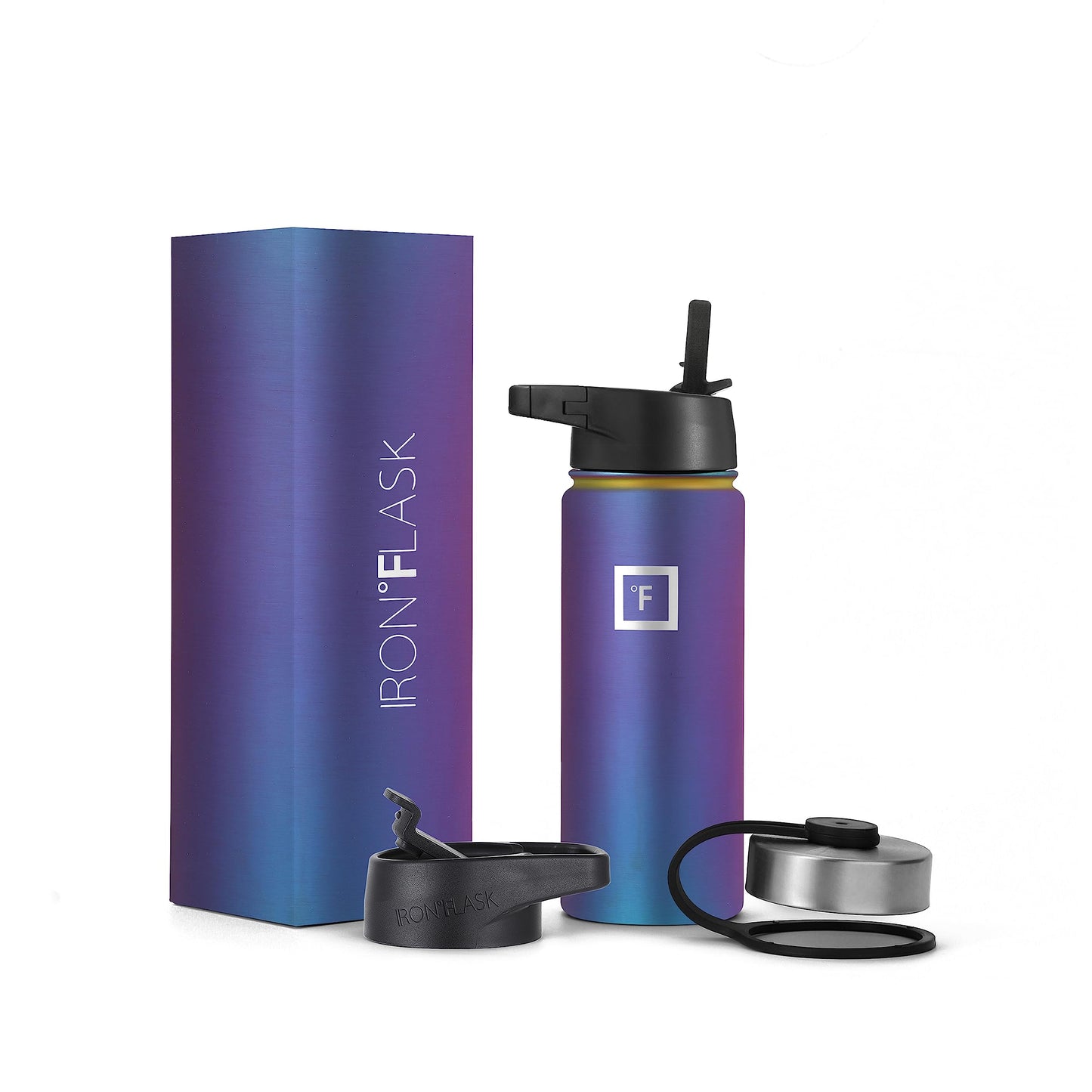 IRON °FLASK Camping & Hiking Hydration Flask, Wide Mouth, 3 Straw Lids, Stainless Steel Outdoor Water Bottle, Double Walled, Insulated Thermos, Metal Canteen - Aurora, 18 Oz