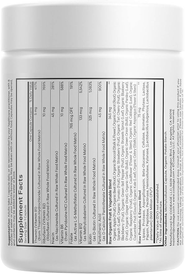 Codeage Raw Vitamin B-Complex Supplement - Essential B Vitamins with Probiotics, Digestive Enzymes, Fruits & Vegetables - 2-Month Supply - Methylfolate - Biotin - Vitamin B12 - Non-GMO - 60 Capsules