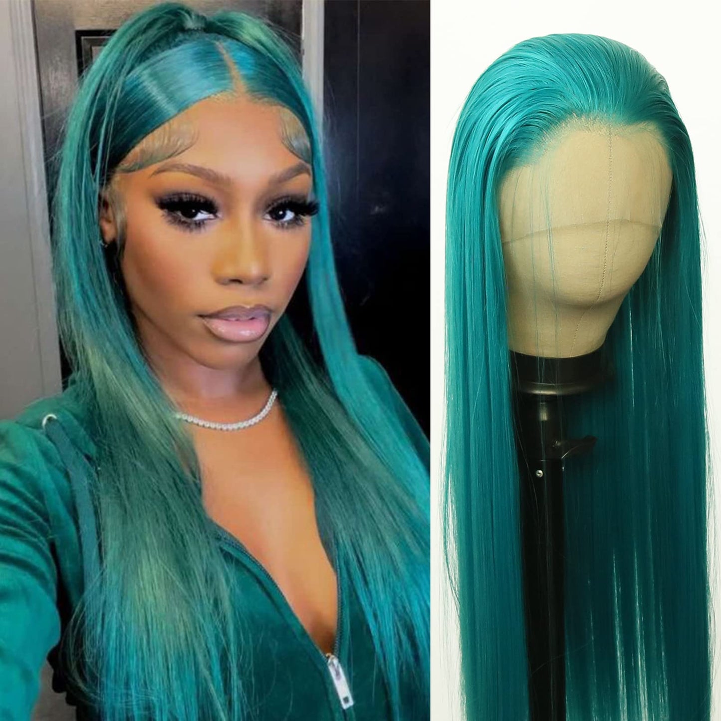 BTWTRY Emerald Green Synthetic Lace Front Wig - Long Straight Teal Green Lace Front Synthetic Wig - Pre Plucked Natural Hairline - Glueless Heat Resistant Fiber Hair Wig for Fashion Women