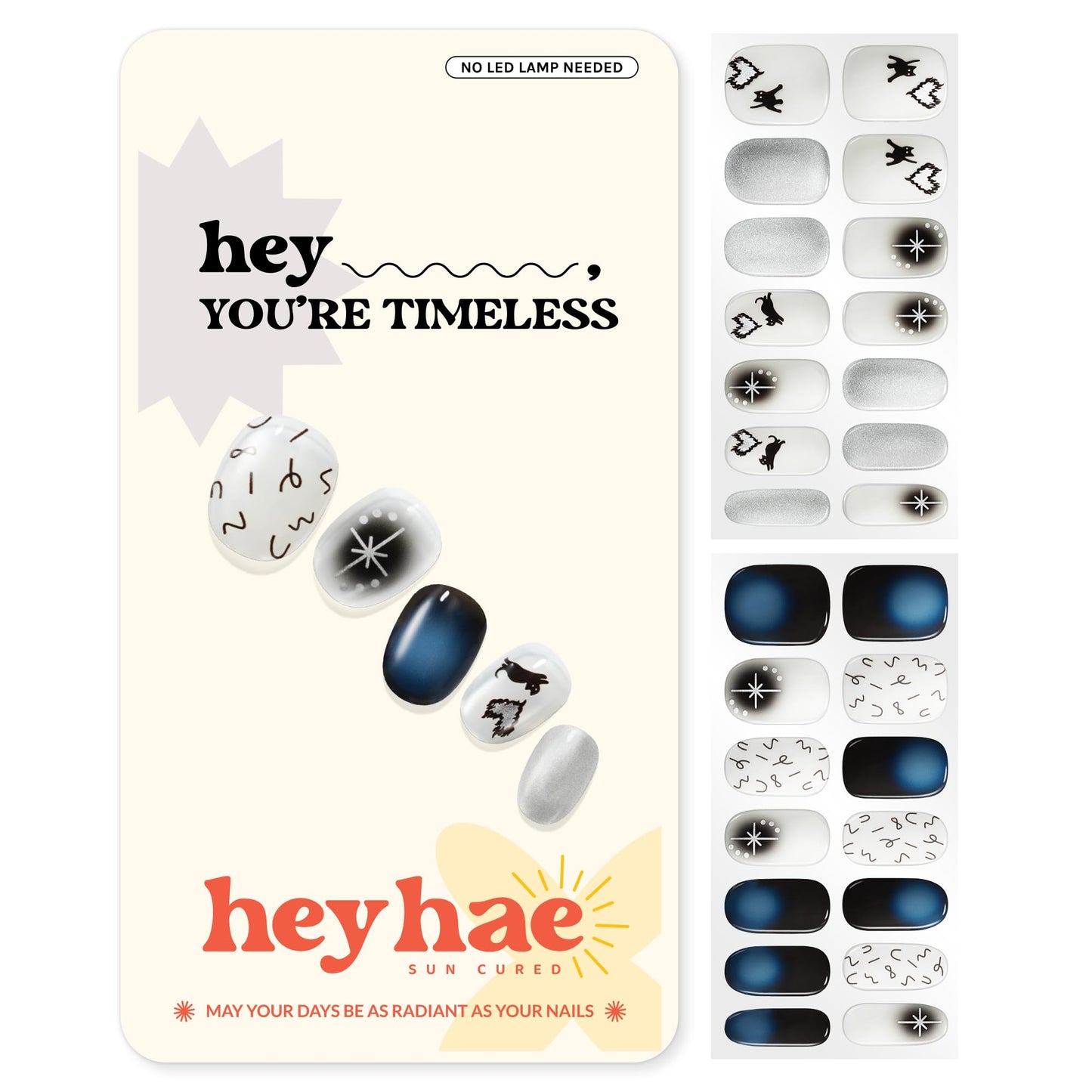 Heyhae Semi Cured Gel Nail Strips | No LED Lamp Needed | Glitter, Black, White | Easy Apply & Remove, Salon Quality | Includes 28 Strips, 1 Prep Pads, Nail File & Wooden Stick - Hey, You’re Timeless