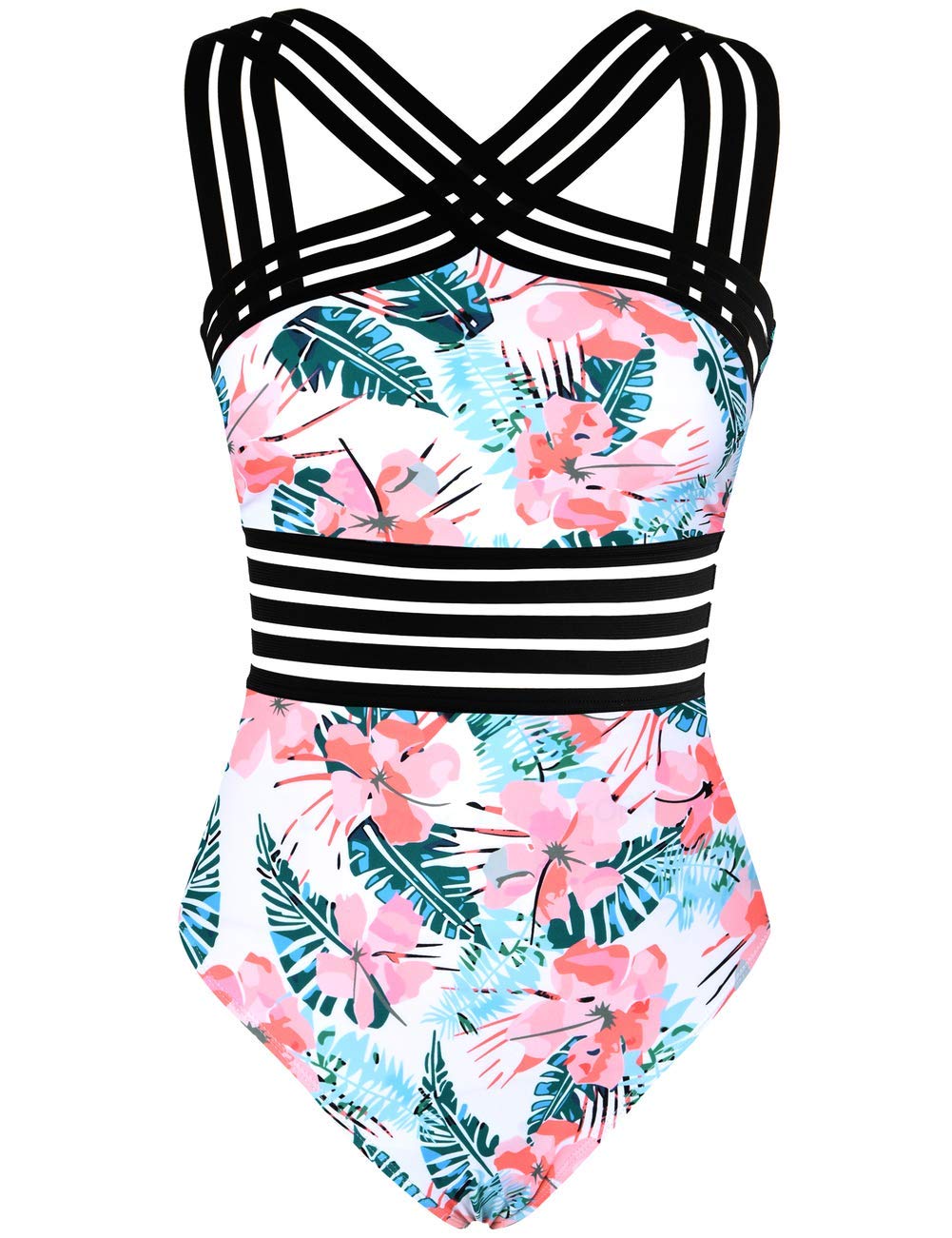 Hilor Women's One Piece Swimwear Front Crossover Swimsuits Hollow Bathing Suits Monokinis Pink&Blue Floral L/US10-12