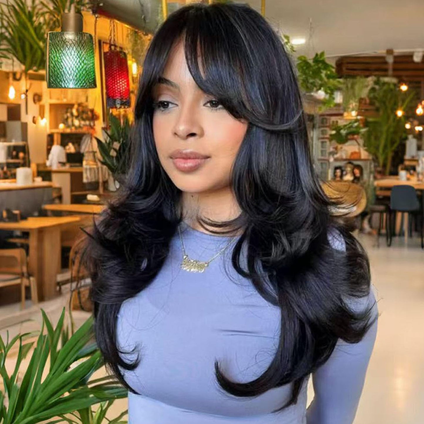 Jolelyne Black Wig Layered Wavy Wigs with Curtain Bangs for Women Snythetic Natural Black Body Wave Wig with Bangs Long Black Layered Middle Part Wig for Women for Daily Party Use