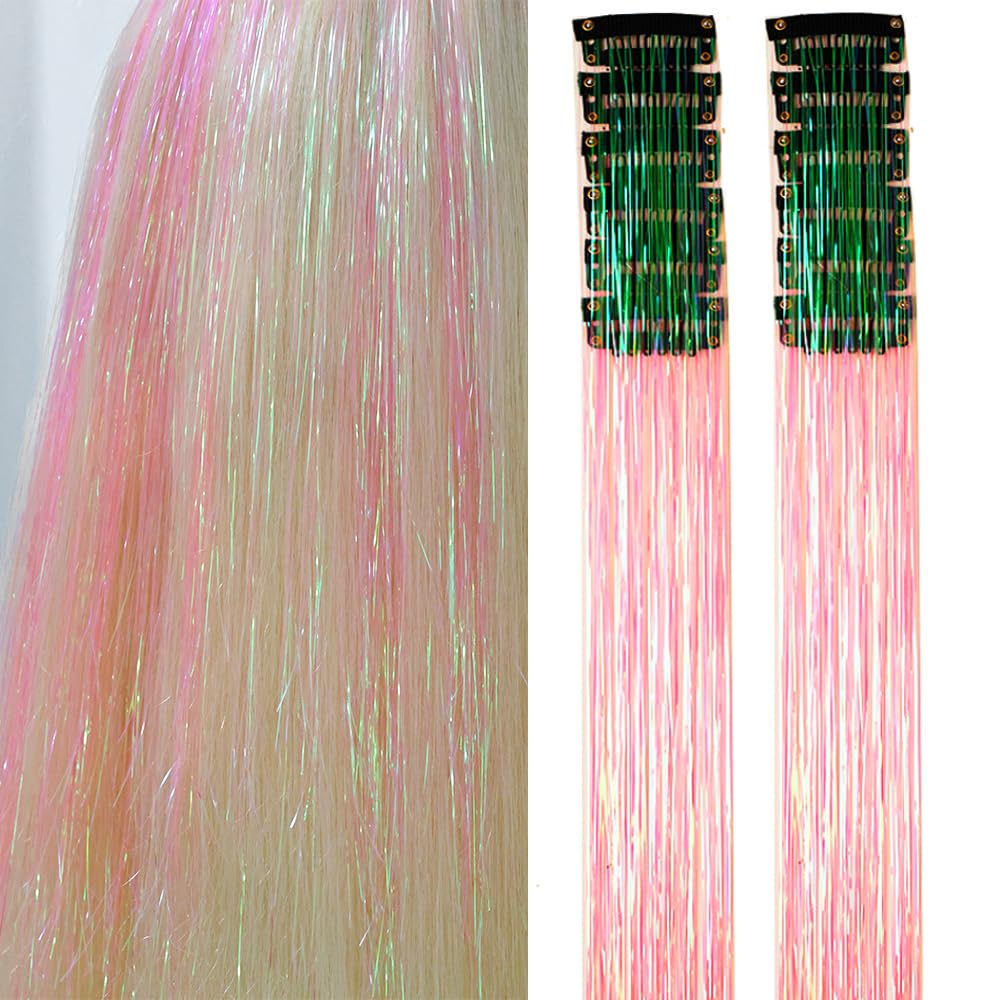 Hair Tinsel Pack of 12 Pcs Clip in Hair Tinsel 20 Inch Colorful Glitter Tinsel Hair Extensions Tinsel Fairy Hair Party Dazzle Hair Accessories Strands Kit for Women Girls Kids(12Pcs,Light Pink#)