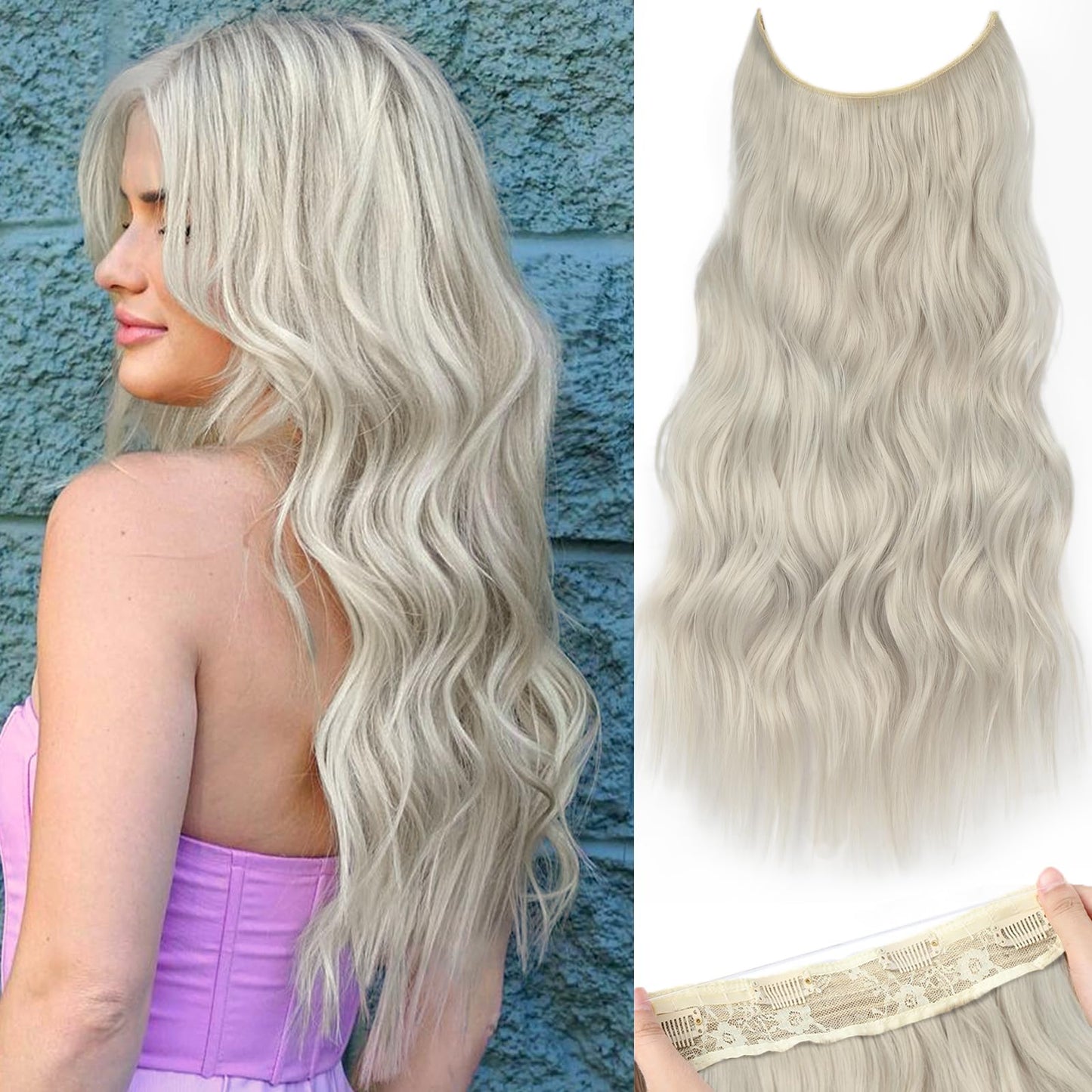 KooKaStyle Invisible Wire Hair Extensions with Transparent Wire Headband Adjustable Size 4 Secure Clips Silver Grey Blonde Long Wavy Hairpiece for Women