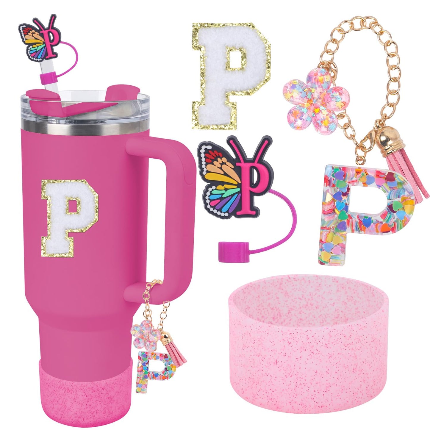 LA KEN DU Use for Stanley Cup Accessories Charms 40oz 30oz,Compatible with Stanley Cup Letter Charms for Handle Silicone Boot,Straw Cover Topper & Sticker(P)