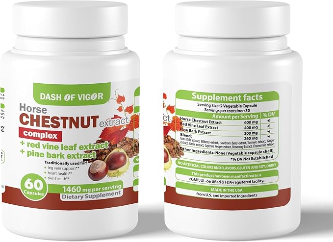 Dash of Vigor 12-in-1 Horse Chestnut Extract Complex, Red Vine Leaf Extract Supplement, Pine Bark, Turmeric, Hawthorn Berry, Ginger, Cayenne Pepper, Chamomile, Leg Vein Support, 1460 mg, 60 Capsules