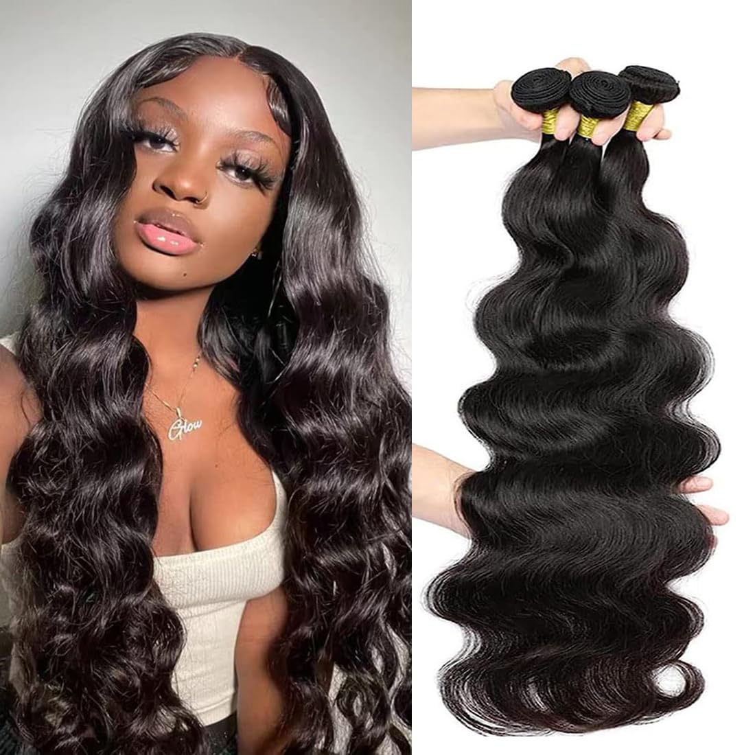 Body Wave Bundles Human Hair 12 14 16 Inch 3 Bundles Human Hair 100% Unprocessed Brazilian Virgin Hair Bundles Body Wave Human Hair Bundles Human Hair Extensions Natural Black