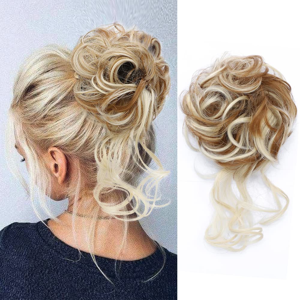 KETHBE Messy Bun Hair Piece Tousled Updo Hair Buns Extension Elastic Hair Band Hair Pieces Curly Hair Bun Scrunchie For Women (Light Brown Mix Bleach Blonde)