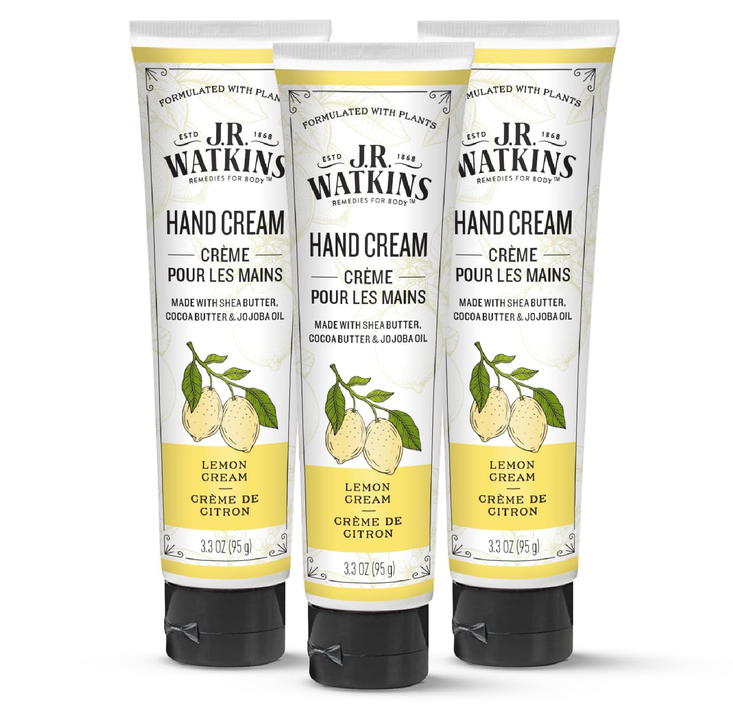 J.R. Watkins Natural Moisturizing Hand Cream, Hydrating Hand Moisturizer with Shea Butter, Cocoa Butter, and Avocado Oil, Cruelty Free, 3.3oz, Lemon Cream, 3 Pack