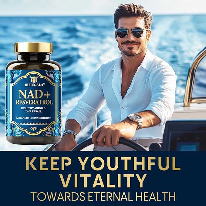 BLUEGALA NAD+ Supplement 1500mg, with 99% Pure Resveratrol 250mg and Vitamin B3 150mg, Boosts Cellular Energy, Supports Healthy Aging & DNA Repair, Non-GMO, Vegan, 120 Capsules