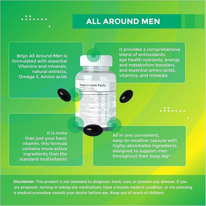 Briyo All Around Men - 38 nutrients (Essential Vitamins, Minerals, Natural extracts, Amino acids) - 90 Capsules