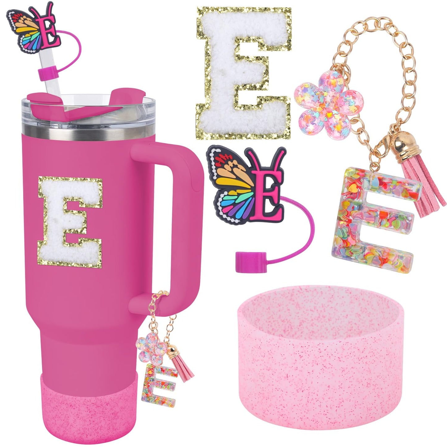 LA KEN DU Use for Stanley Cup Accessories Charms 40oz 30oz,Compatible with Stanley Cup Letter Charms for Handle Silicone Boot,Straw Cover Topper & Sticker(E)