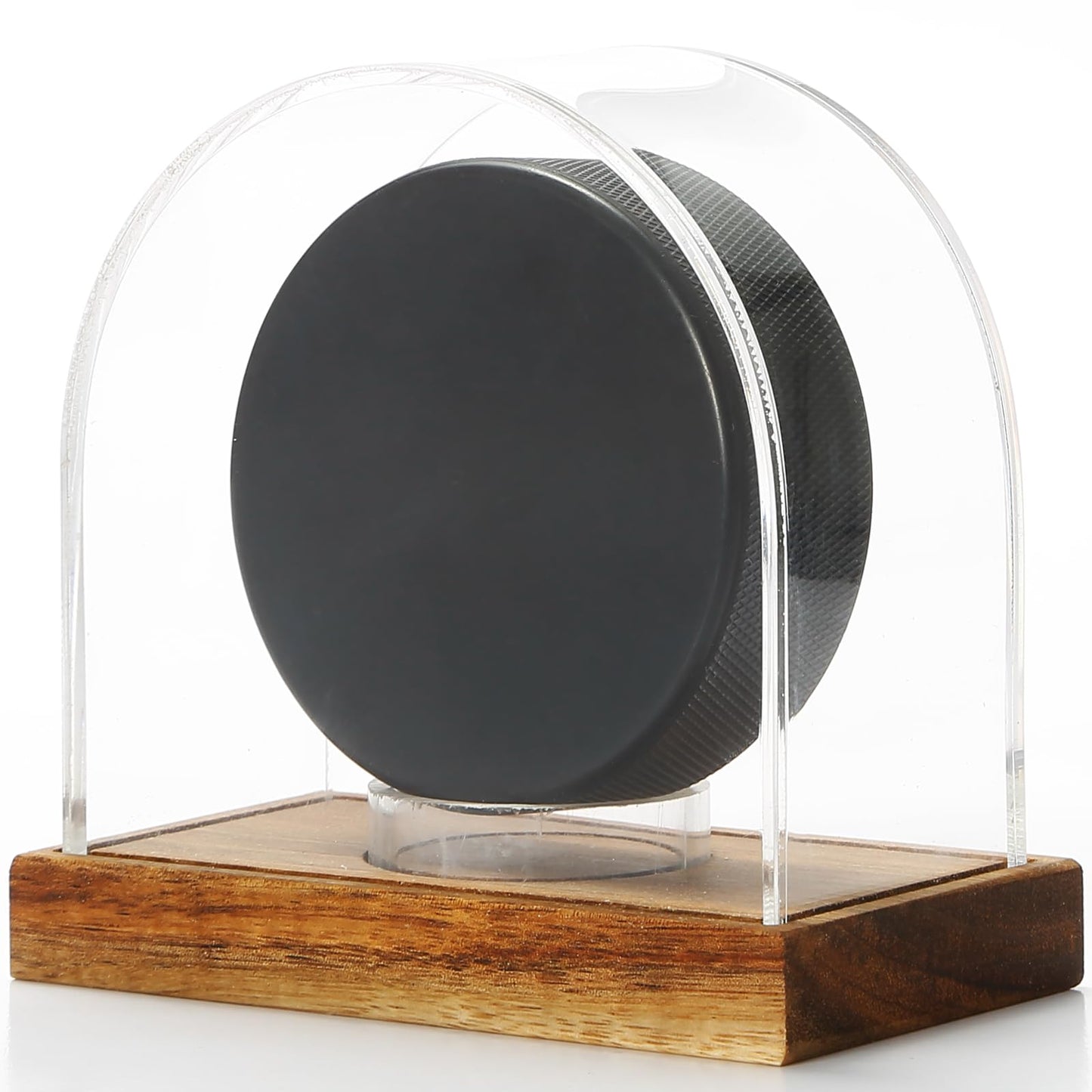 JupDec Hockey Puck and Collectibles Display Case, Premium Acrylic Clear Box Puck Holder with Mahogany Wood Base, Showcase for Autographed Souvenir Memorabilia, Collectible Figure Stand