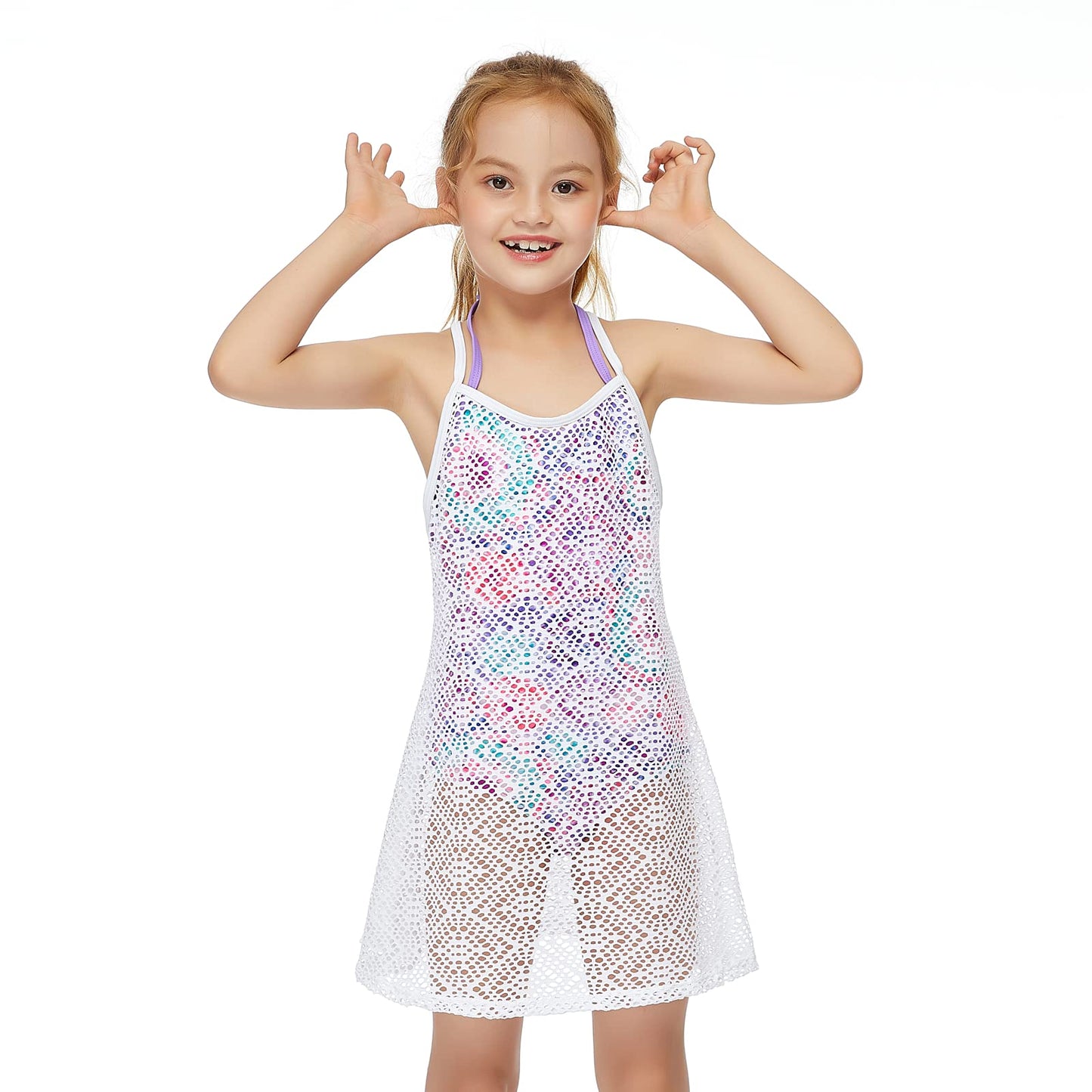 Jimmy Baha·mas Swimsuit Cover Up for Girls Little Kids Girl's Beach Crochet Mesh Crossback Swim Cover Up Dress (White, S)