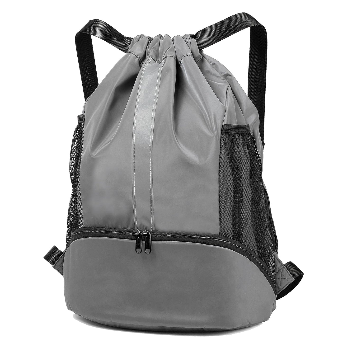 BeeGreen Grey-String-Backpack-Gym-Drawstring-Bag, Large Workout Bag With Wet Proof Pocket & Shoe Compartment For Traveling Yoga Beach Swim Outdoor Athletic