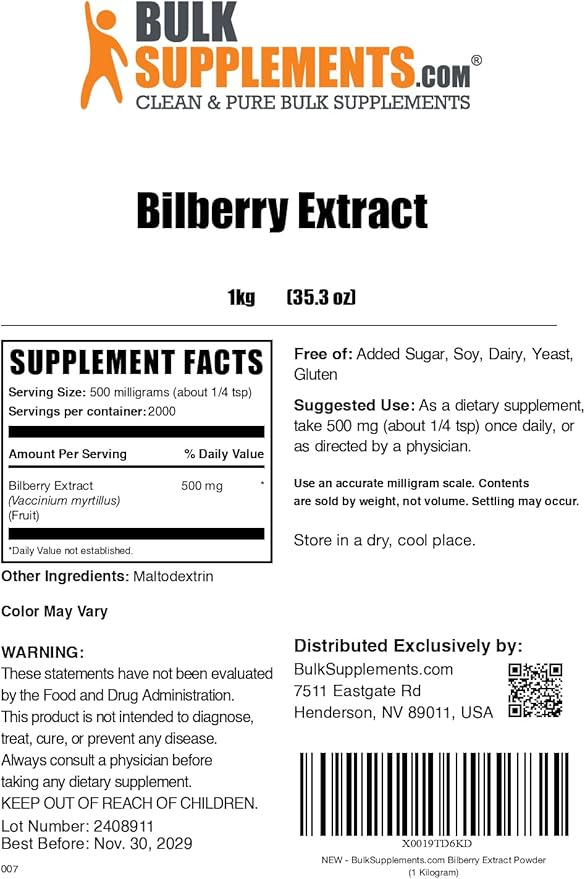 BulkSupplements.com Bilberry Extract Powder - Bilberry Fruit Extract, Bilberry Powder, Bilberry Supplement for Eyes - Glulten Free, 500mg per Serving, 1kg (2.2 lbs) (Pack of 1)