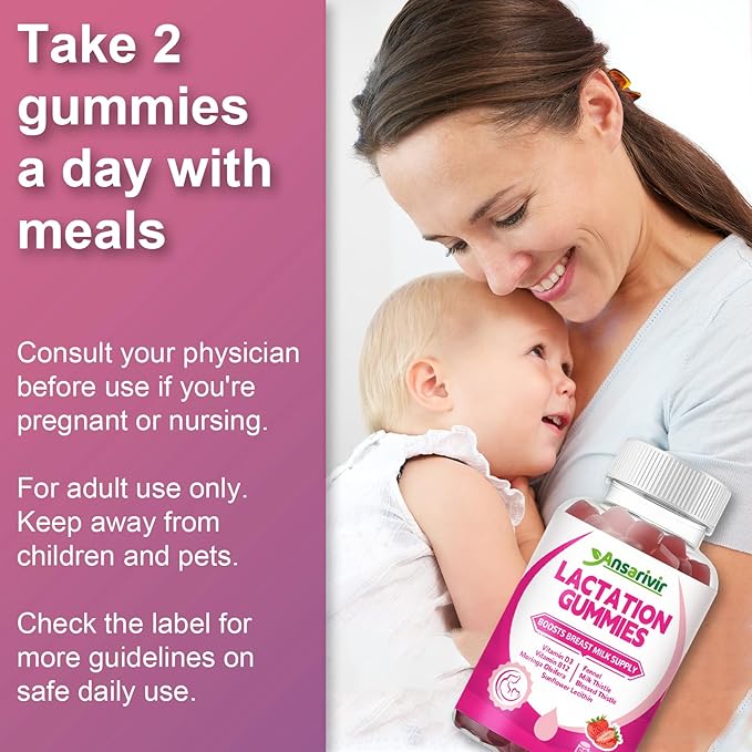 Lactation Supplement Gummies – Powered by Moringa, Fennel, Sunflower Lecithin, Milk Thistle, Blessed Thistle, plus Vitamins D3 & B12 – 60 Gummies for Breastfeeding Support & Milk Supply Boost