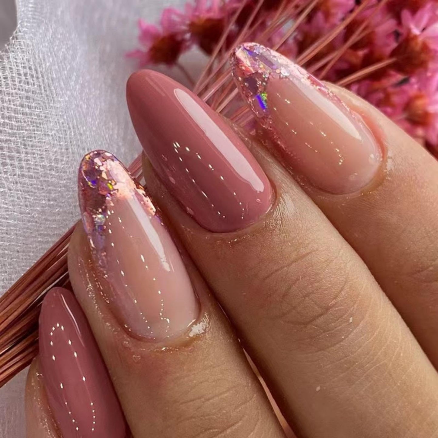 Brick Red Press on Nails Medium Almond Fake Nails with Pink Glitter Design French Tip Glue on Nails Glossy Acrylic Full Cover Nude Stick on Nails Fall False Nails For Women Girls Manicure 24pcs
