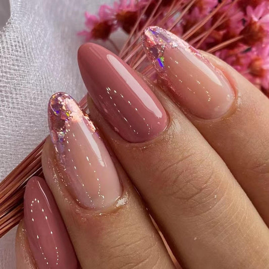 Brick Red Press on Nails Medium Almond Fake Nails with Pink Glitter Design French Tip Glue on Nails Glossy Acrylic Full Cover Nude Stick on Nails Fall False Nails For Women Girls Manicure 24pcs