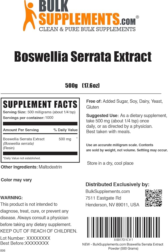 BulkSupplements.com Boswellia Serrata Extract Powder - from Frankincense Resin, Boswellia Serrata Powder - Herbal Supplement, Gluten Free, 500mg per Serving, 500g (1.1 lbs) (Pack of 1)