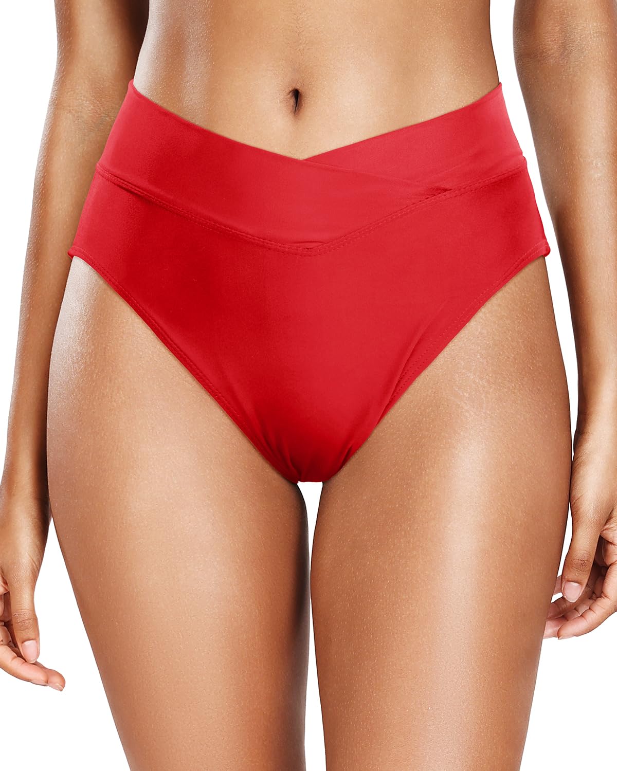 Holipick Red High Waisted Bikini Bottoms for Women V Cut Crossover Bathing Suit Bottoms High Leg Swimsuit Bottom XL