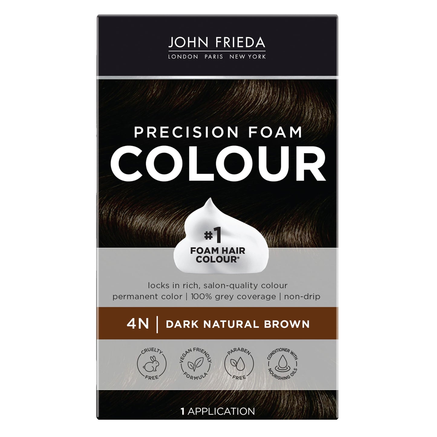 John Frieda Precision Foam Colour, Dark Natural Brown 4N, Full-coverage Hair Color Kit, Anti-Fade Gray Coverage, Deep Color Saturation Hair Dye, 1 Application