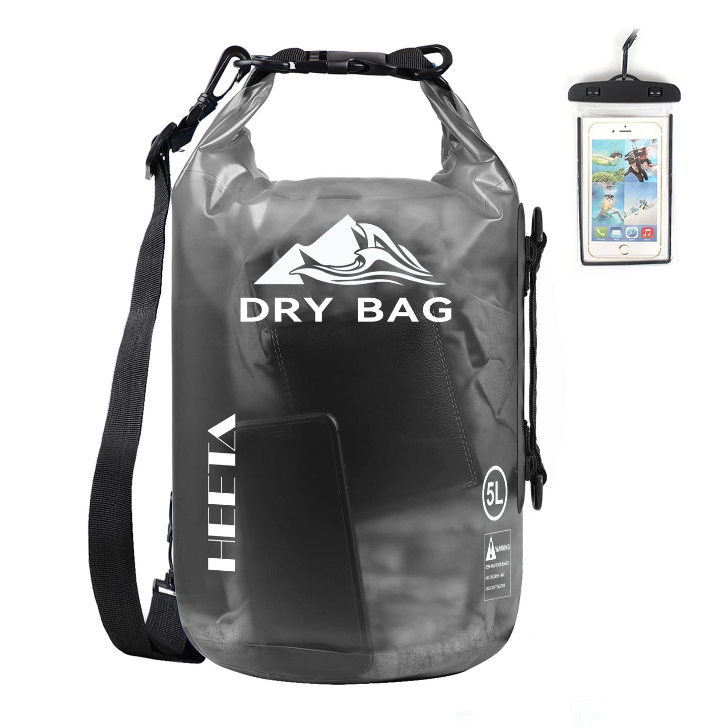 HEETA Waterproof Dry Bag for Women Men, Roll Top Lightweight Dry Storage Bag Backpack with Phone Case for Travel, Swimming, Boating, Kayaking, Camping and Beach, Transparent Black 5L