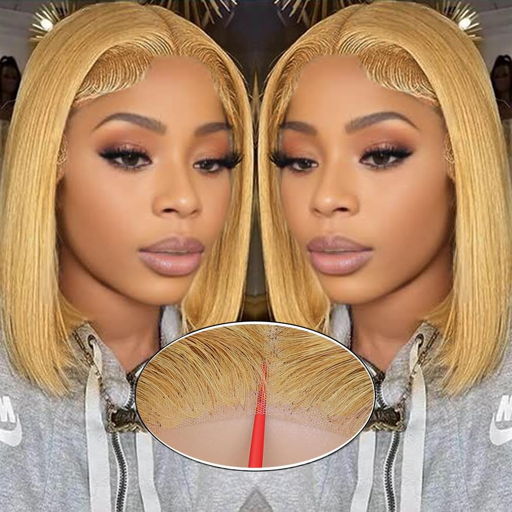 GUDOZO #27 Honey Blonde Bob Wig Human Hair Glueless 14inch Glueless Wigs Human Hair Pre Plucked Pre Cut with Baby Hair 9X6 HD Lace Front Wigs For Black Women 200% Density Straight Bob Wigs