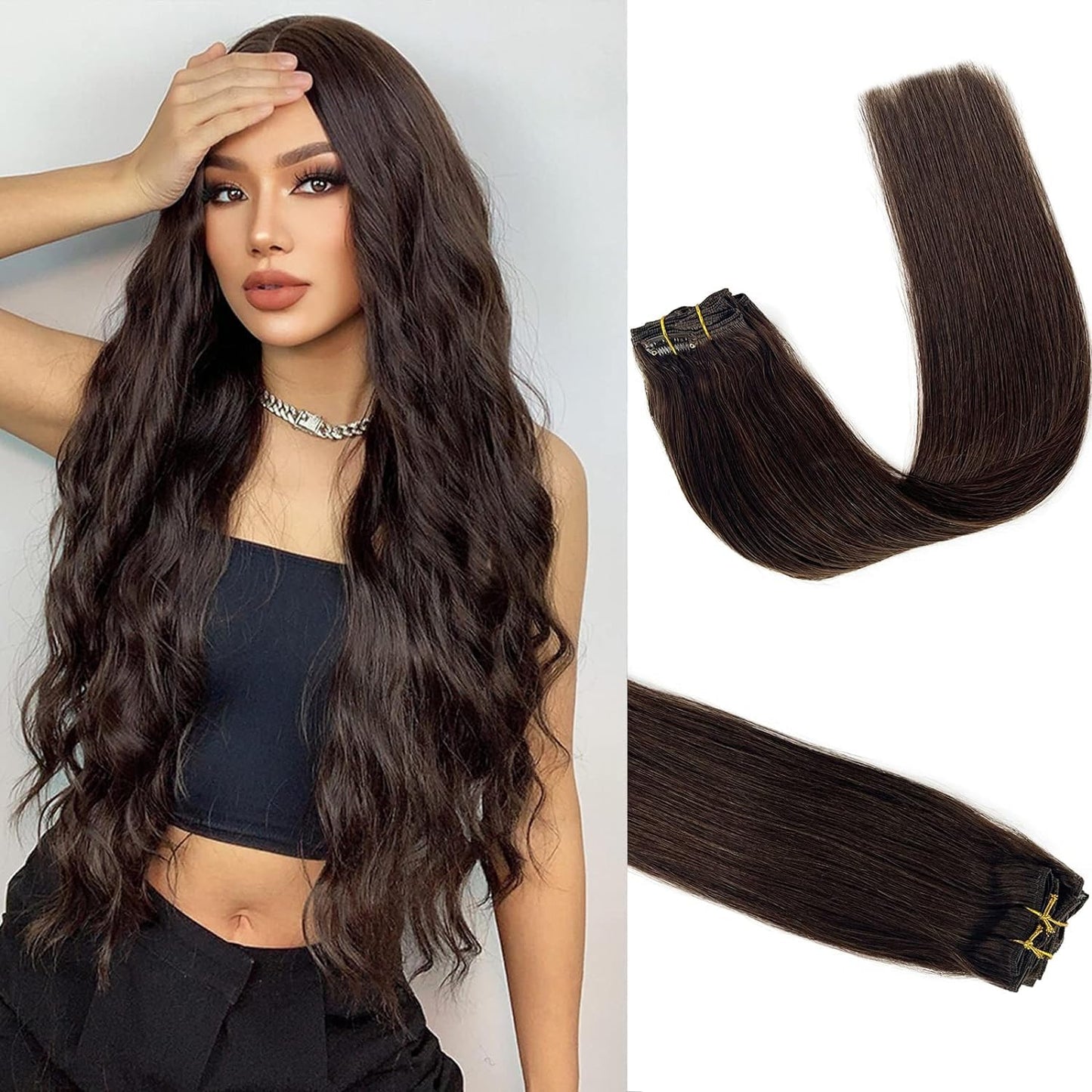 Clip in Hair Extensions Real Human Hair, Dark Brown Thicker Seamless Hair Extensions Clip in Human Hair 7pcs Straight Natural Remy Hair Double Weft with 16 Clips 14 Inch