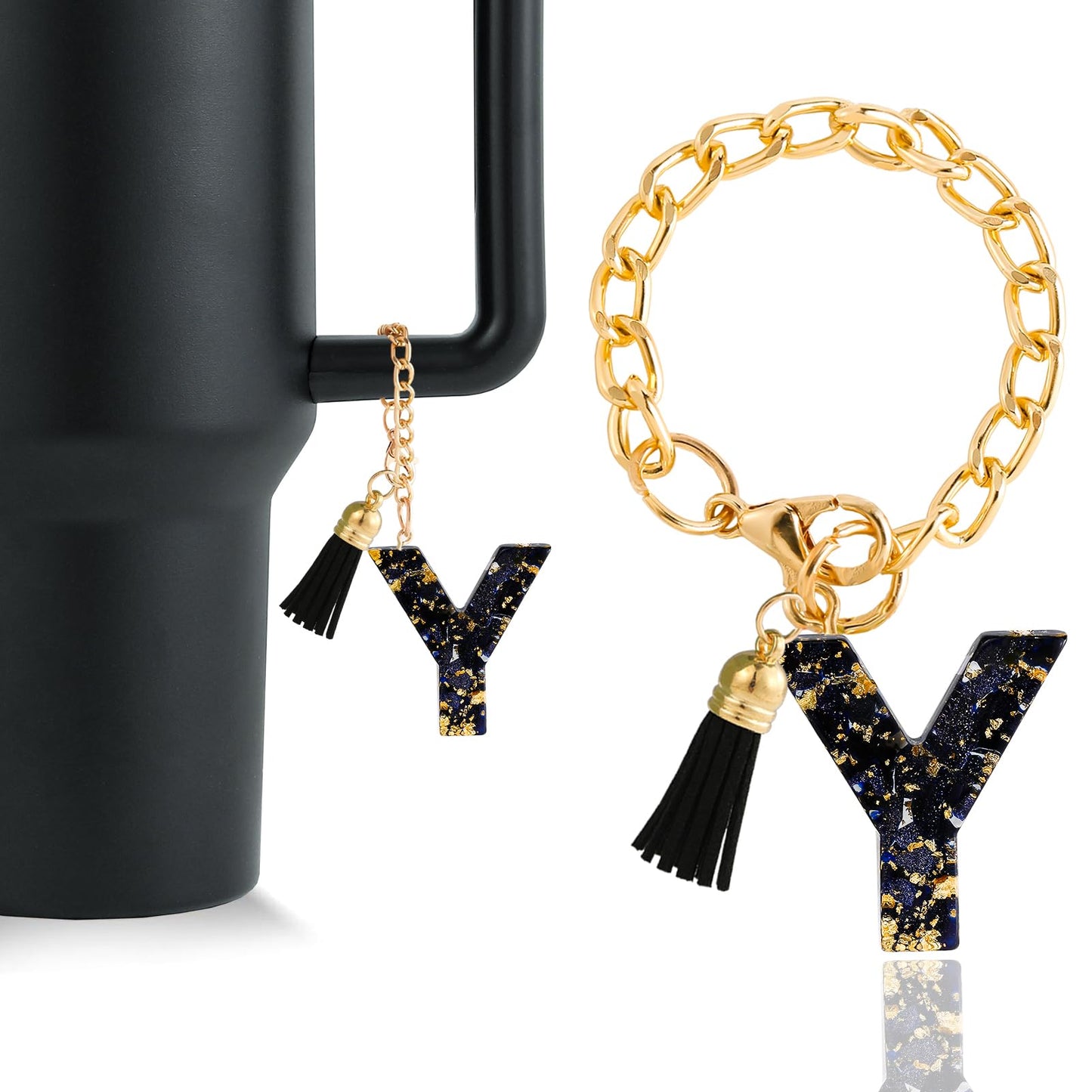 Letter Charm Accessories for Stanley Cup 1 PCS Cute Initial Keychain Handle Charm for Stanley Tumbler for Women Black Letter Y