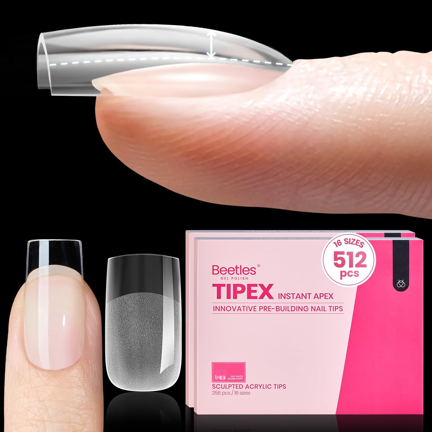 Beetles Tipex Instant Apex Nail Tips, 512Pcs Short Square Upgraded Pre-building Pre-Etched Half Matte Gel Nail Tips, 16 Sizes Thicker Acrylic Nail Strong Full Cover False Nail Extension for Flat Nails